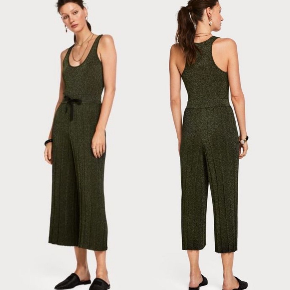 Scotch & Soda Maison Scotch Knitted Lurex Jumpsuit Small Pleated Wide Leg Green